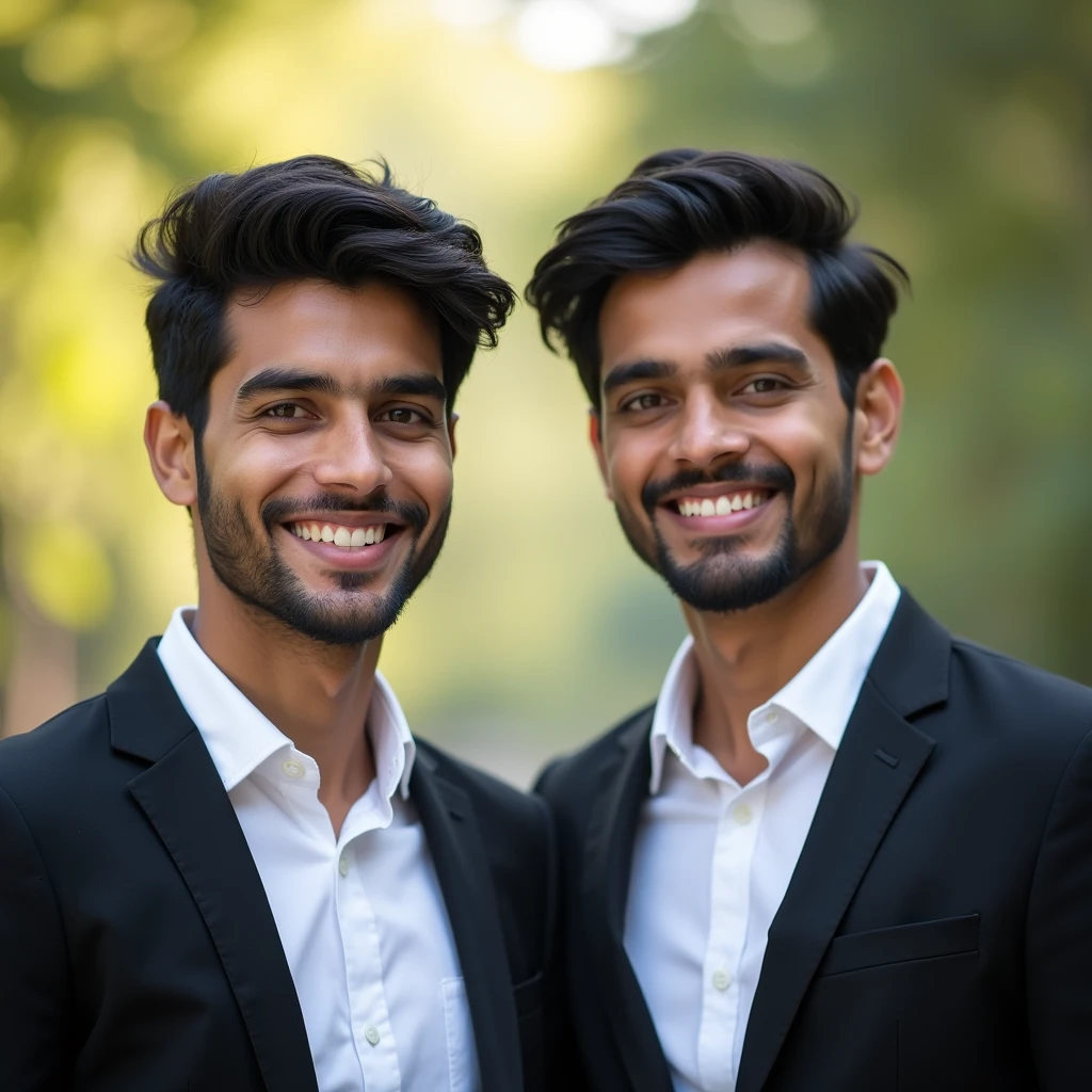 A 2 young indian student man with dark hair and a confident smile. He is dressed in a black blazer over a white shirt. The man is positioned against  soft colour with blurred natural background and he is posing for LinkedIn profile