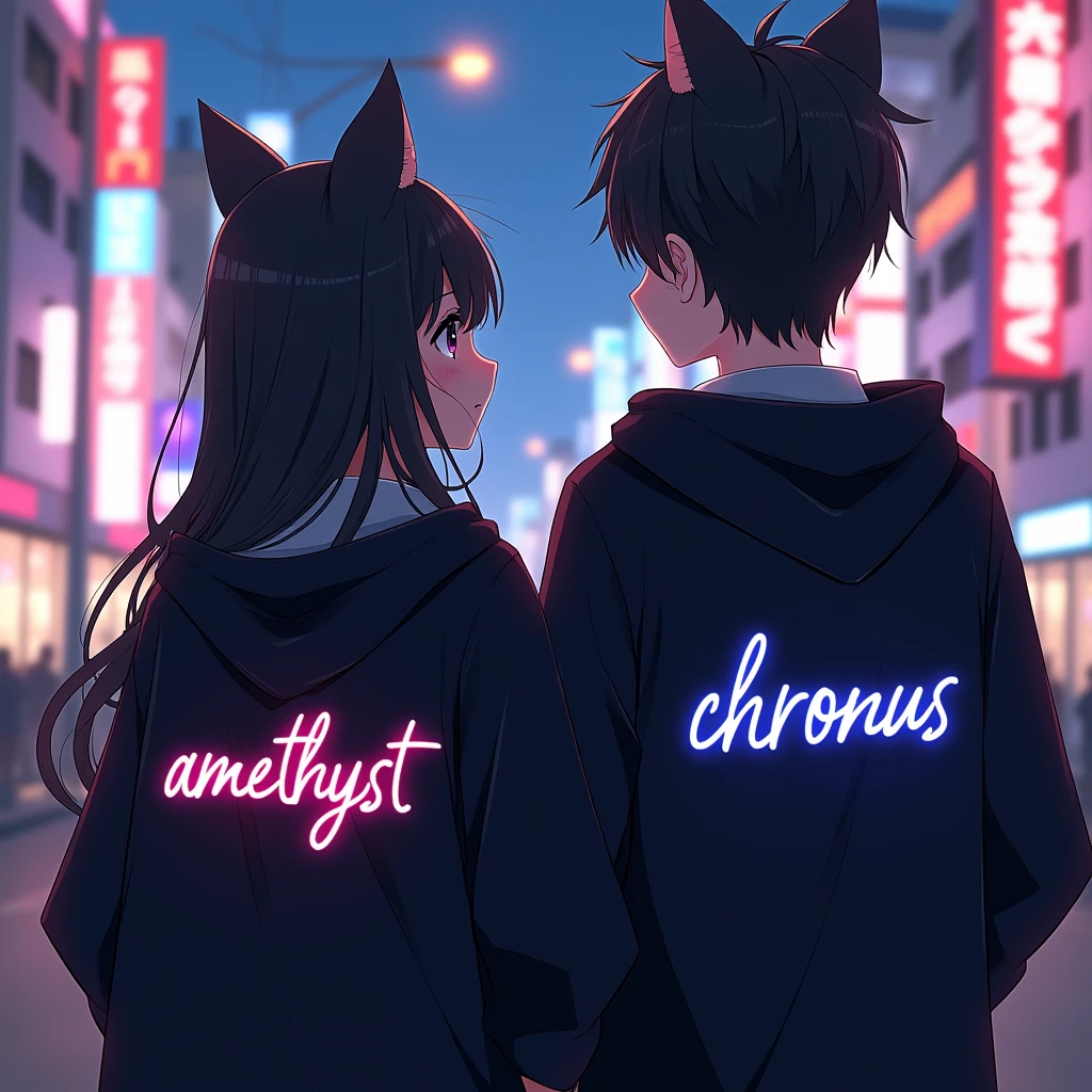 couple anime wearing black hoodie,
with cat ears, with purple text
"Amethyst" to the girl jacket and "Chronus" to the boy jacket, in japan citylights
background, and the girl is black long hair