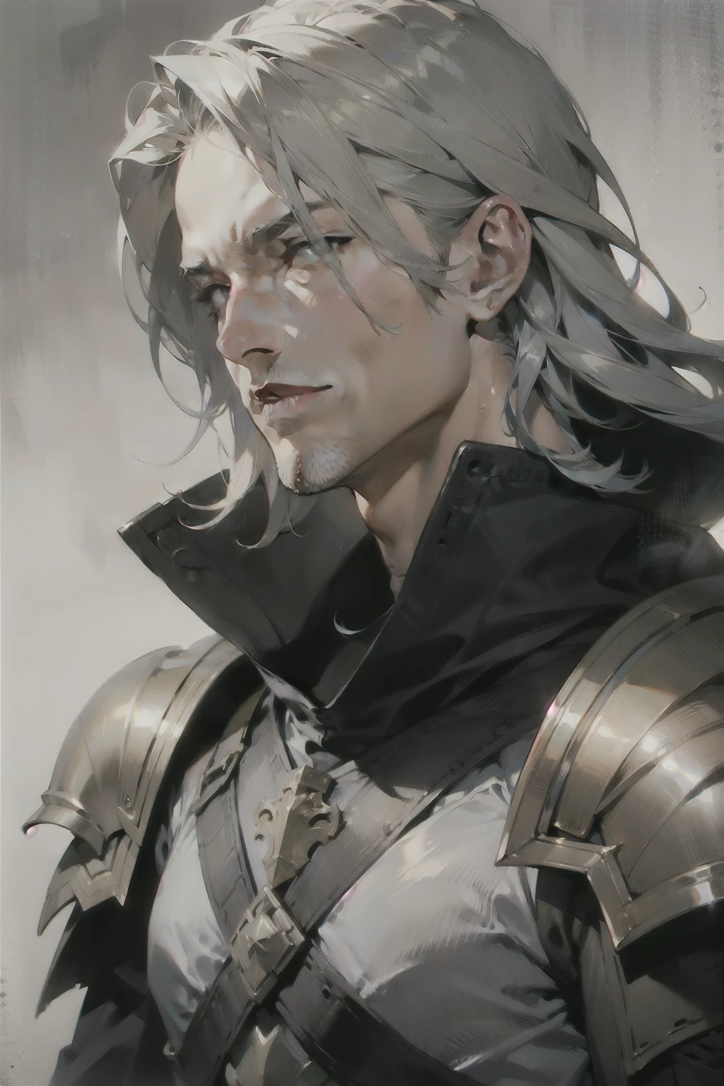 adult man, Shoulder-length gray hair, bristle, armor, shoulder length portrait