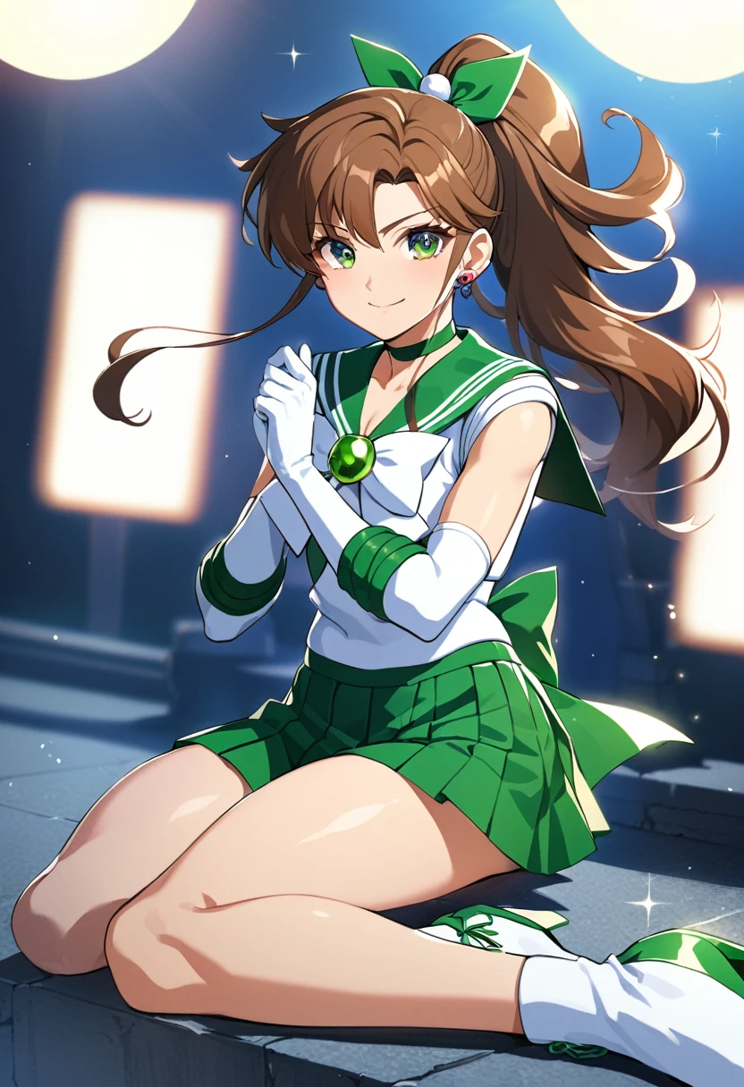 Highest quality, Great quality, 16K, Unbelievably absurd, Very detailed, 2.5D, delicate and dynamic, (Sailor Jupiter), Small face, Very delicate look, Delicate eye depiction, Very Fine Hair, (1 female), erotic, Sexy Woman, Muscular, height: 175cm, Light brown long hair,ponytail、 Sexy long legs,  Sailor Warrior Uniform, Makoto Kino, solo, skirt, Brown Hair, green Sailor collar, Green Eyes, green choker, Outdoor, gloves, green skirt, Sailor collar, white gloves, bow, jewelry, boots, hair ornaments, choker, elbow gloves, ponytail, null, Earrings, Green shoes, Day, Magical girl,Glowing Skin,1990s \(style\),、(F Cup Beauty Big)、expensive、Cinema Lighting, (完璧なGlowing Skin:0.6),Always high quality CG Unity 8K wallpapers、smile