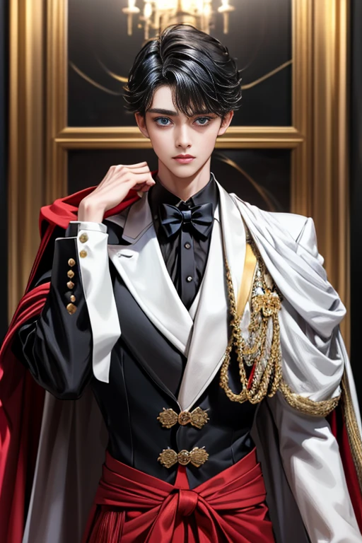 masterpiece, 最high quality, high quality, 1 boy, alone, Male focus, Upper Body,Watching the audience, Messy black hair, Adorable big blue eyes, White, Noble, Noble,A black and red cape that is bursting with sexy volume、Tuxedo、A very voluminous, large, very large, very large, long, long red and black cape with a high stand-up collar, made of a lot of fabric that reaches down to the floor., ,cute beautiful,Cute, cute, kind, handsome guy