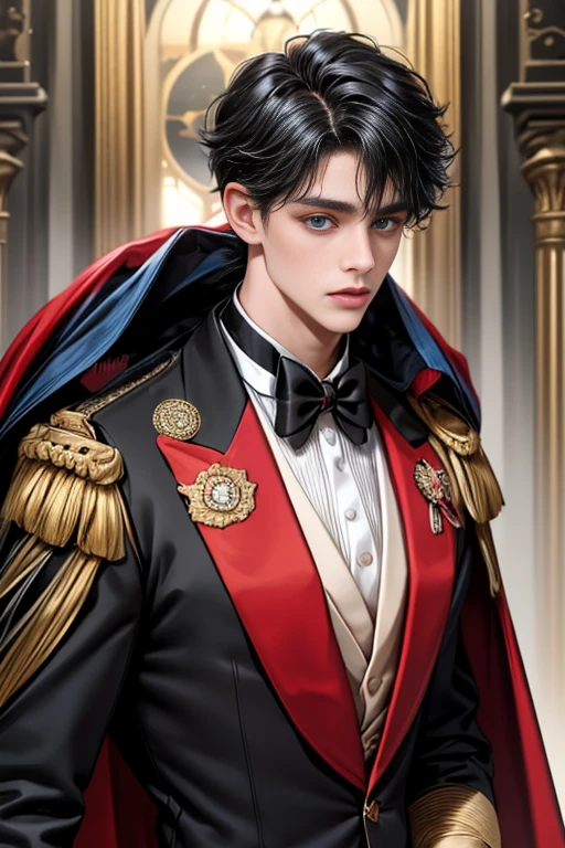 masterpiece, 最high quality, high quality, 1 boy, alone, Male focus, Upper Body,Watching the audience, Messy black hair, Adorable big blue eyes, White, Noble, Noble,A black and red cape that is bursting with sexy volume、Tuxedo、A very voluminous, large, very large, very large, long, long red and black cape with a high stand-up collar, made of a lot of fabric that reaches down to the floor., ,cute beautiful,Cute, cute, kind, handsome guy