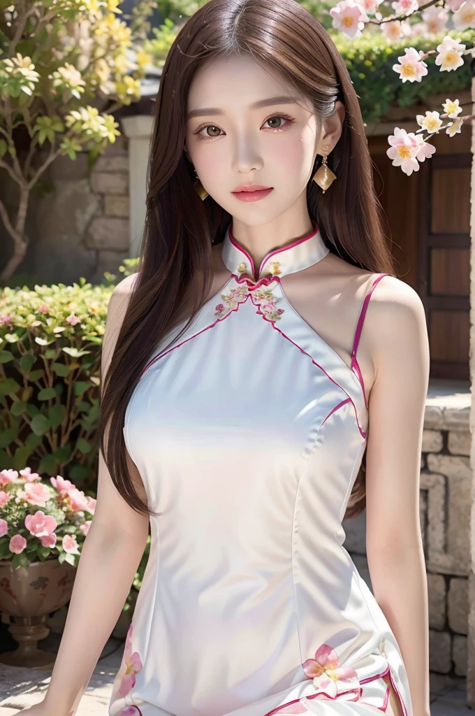 (Masterpiece), Best quality, high resolution, Ultra-detailed, Close-up of people, Chinese white beauty dress, Chinese elegant dress, Exquisite details, The cheongsam is beautiful and elegant, Extremely colorful，The sheen, The dress floats, Dramatic angle, Turn off nature (Close-up), Koi, Warm colors like sunlight focus personal warmth, Champagne, Details are highlighted, Extra-long color band, Open, full bodyesbian, Many detail elements, Pink petals, Sunlight on the skin, glorious, Hairpins, hydrangeas, Dita.