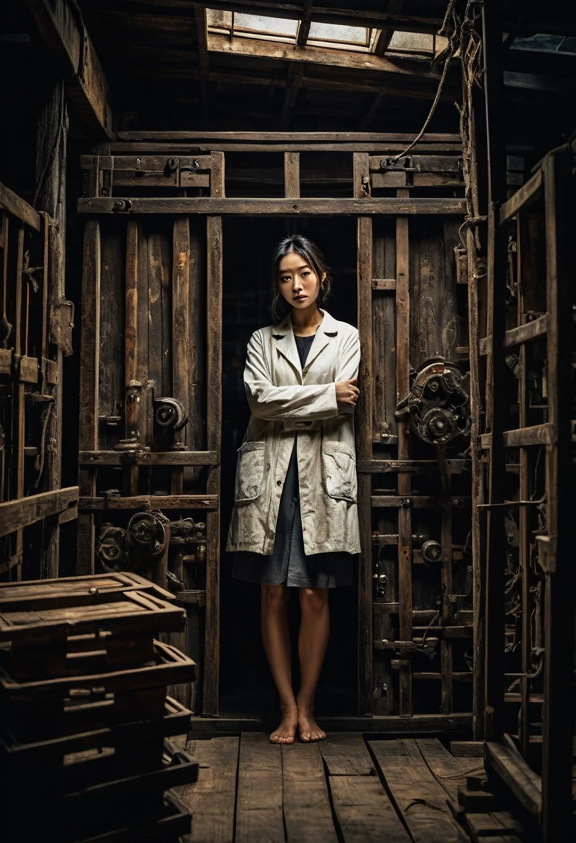 Misaki Sato, a genius botanist; a beautiful girl, unable to move, with her arms and legs tied behind her back to a central steel pole on her back side; a determined figure; a white coat; sweat beading on the forehead; a warehouse; a high ceiling with exposed beams; dusty light coming through a window; a spotlight from a hanging bulb; old machines and wooden boxes casting ominous shadows; a tense atmosphere The contrasting noir lighting. Old machinery and crates casting ominous shadows, tense atmosphere, contrasting noir lighting, gritty textures, stills from thriller film, super definition, intricate details, faded, eyes extremely detailed, high detailed eyes,16k resolution, RAW, Nikon Z9, Songbird, orc, lake in China, Creative, masterpiece, fantasy, super detailed, high resolution, intricate details High Quality, 8k, Realistic, Ultra-Detailed, Dramatic Lighting, Soft Focus, Digital Illustration, Strong Gaze, Complex Mechanics, Advanced Technology, Dark Background, Cinematic, High Contrast, Moody, Strict, Atmosphere, (Best Quality, 4k, 8k, High Definition, Masterpiece: 1. 2 ), ultra-detailed, (realistic, graphic, photorealistic:1.37) --no glass