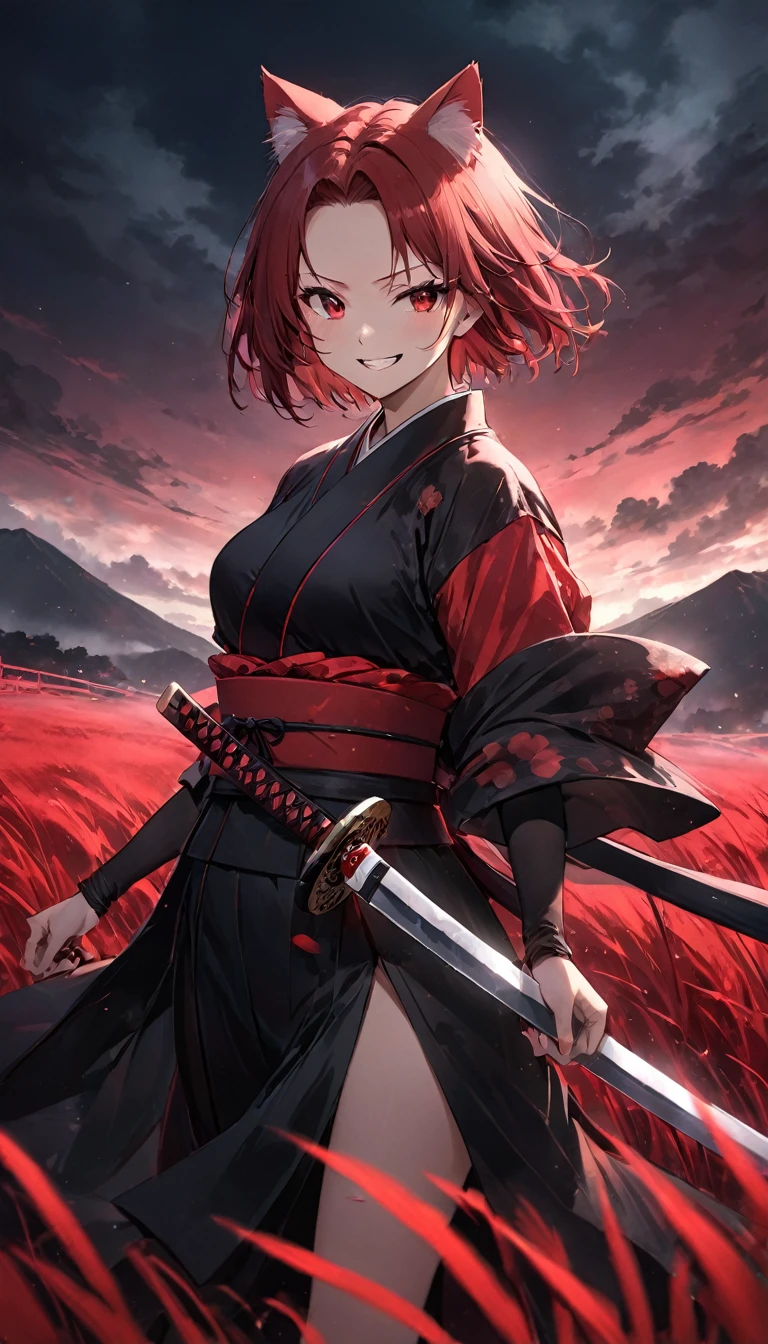 Real。high resolution。Beautiful Face。cowboy shot。A woman in scarlet ronin clothing。Samurai Pose。Beautiful feet。Messy red short hair。forehead。Cat ear。Cat Eyes。 Crimson silver grass field。A world of thick fog,。Red Eyes。clothes are blowing in the wind。Grin。Holding the sword at his waist。alone。Japan。black sun。Red Sky。Chiaroscuro,