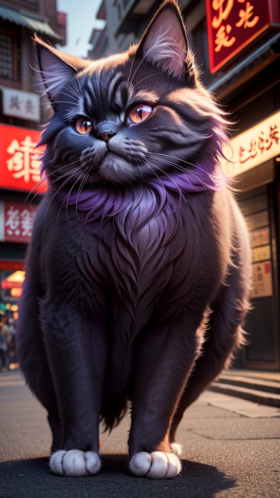 Persian cat,China town, purple,red, high resolution images 4K,Ultra quality, shadow light