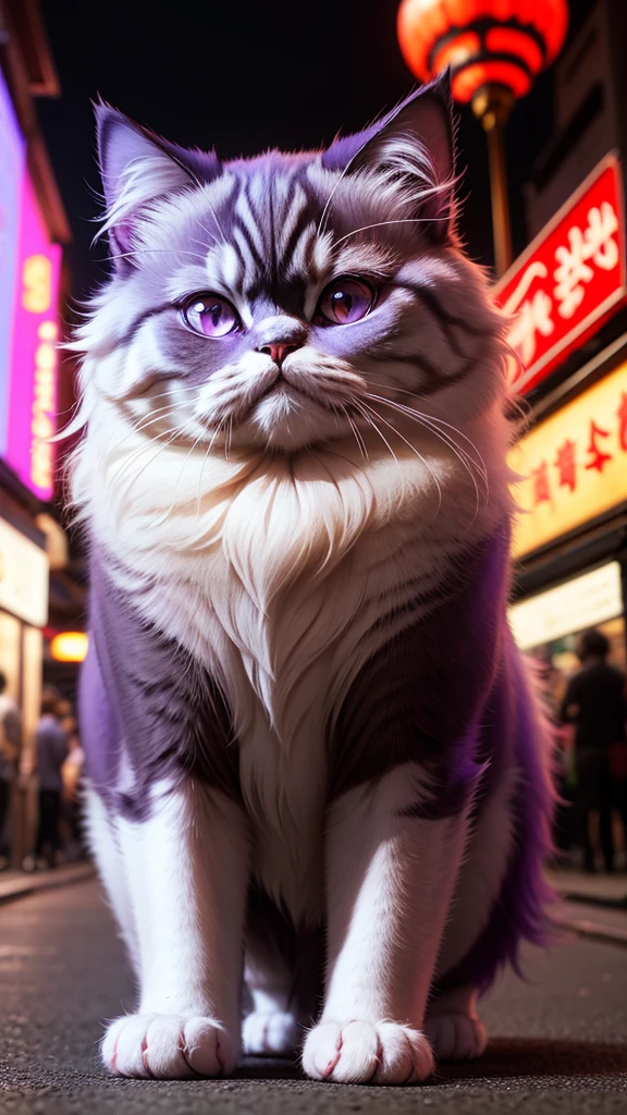 Persian cat,China town, purple,red, high resolution images 4K,Ultra quality, shadow light