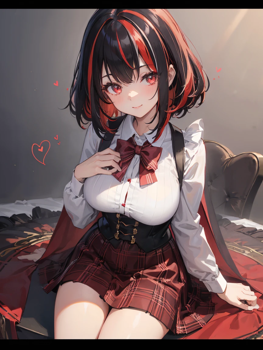 1female, magical school student, black short hair, (highlights hair:1.2),(rich red, streaked hair:1.5), long bangs, putting on magical cape, brown plaid pattern costume, short length skirt with panier, detailed face,　big heart eyes, thin eyebrows, moist lips, kissing lips, smiling full of compassion, close up shot, heart shaped bottle, casting a fluide from the heart shaped bottle, crowdy myst effect, heart effect