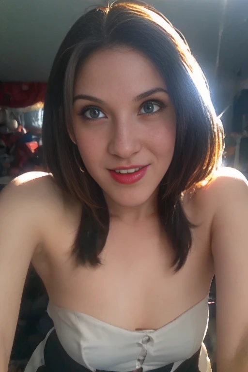  girl, beautiful big striking blue eyes, delicate black eyebrows, rosy cheeks, Red lips, smiling face very white skin, long wavy orange hair cascading around her face and shoulders, detailed tabs, photorealistic cyberpunk style, Perfectly focused, smooth and creamy complexion, beautifully lit by soft diffused studio lights, extremely fine details, Photo of fine textured skin and hair, from head to toe, using black strapless corset, sexy medium breasts 