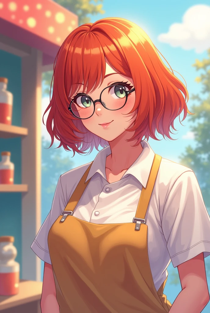 Make an image inspired by anime art. What characterizes my glasses?, my copper hair and that I'm dressed like a Food Engineer. Use bright colors, pastel tones type. I am 20 years old, I am white and without freckles. I am a little overweight but not too much.