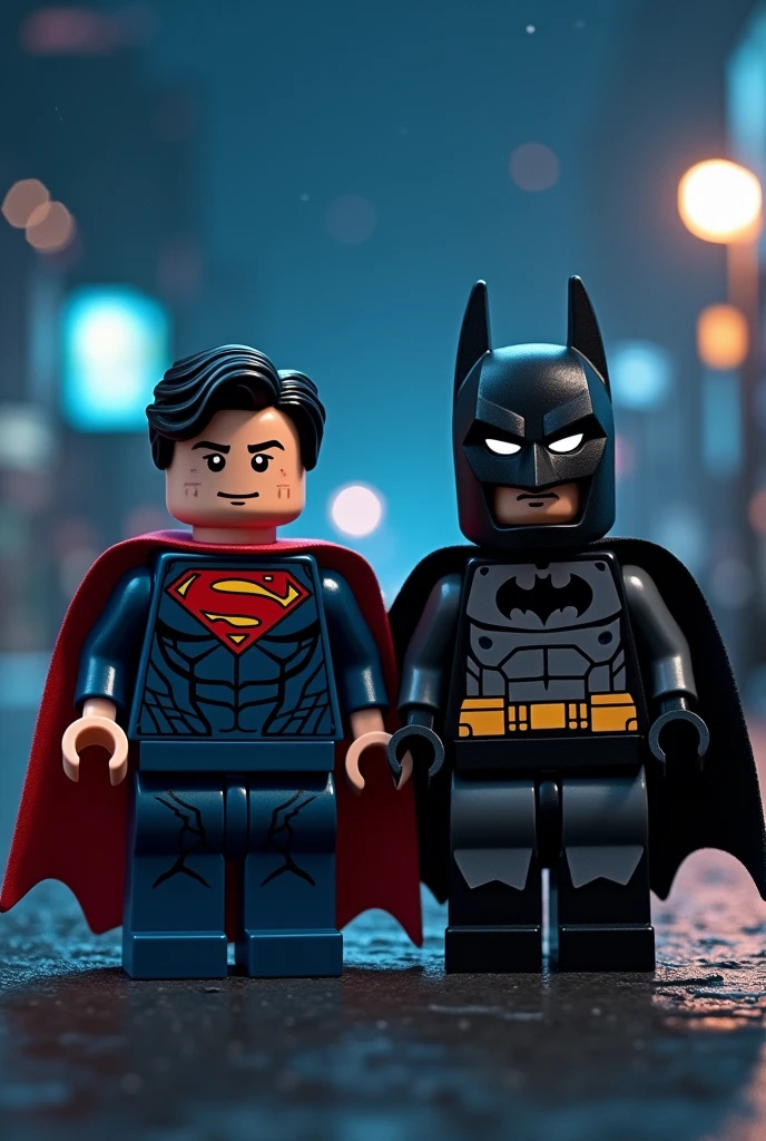 Superman and Batman in Lego art, at night.