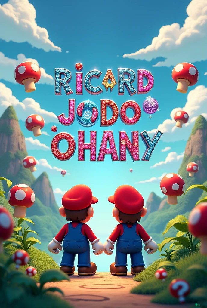 Create a Mario Bros image with the word in the center "R i c a r d o Johany" with the capital letters with jewels