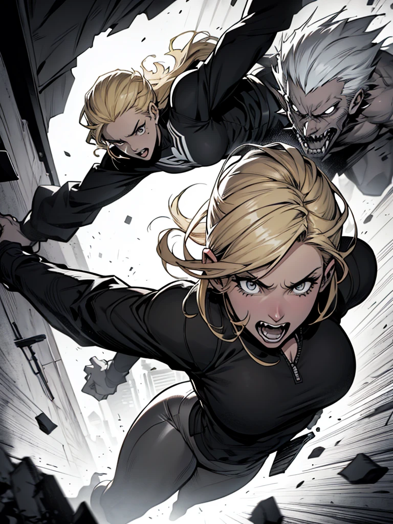 a black and white comic book image of a terrified blonde woman running from a werewolf