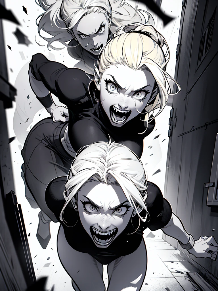 a black and white comic book image of a terrified blonde woman running from a werewolf