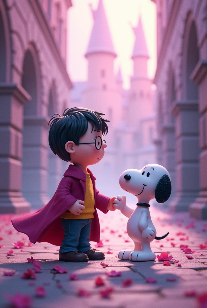 Combination of Harry Potter and Snoopy characters in Hogwarts in a pastel pink and lilac environment and an abstract meaning. And let Harry Potter and Snoopy intervene 50 and 50 