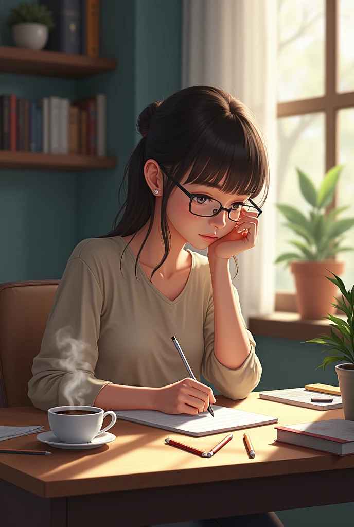 A girl sitting at a desk writing。Writing tools on the table,coffee。