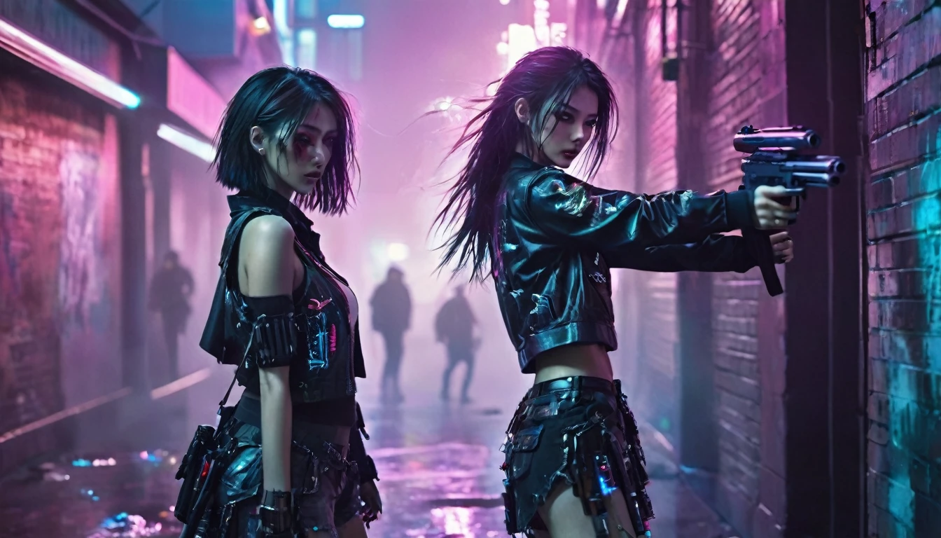 1 girl,beautiful,cyberpunk style,Bling Bling Bling Bling,motion blur,Hold the gun.,Zombies are all over the city.,Leaning against the wall,Cinematic lighting effects