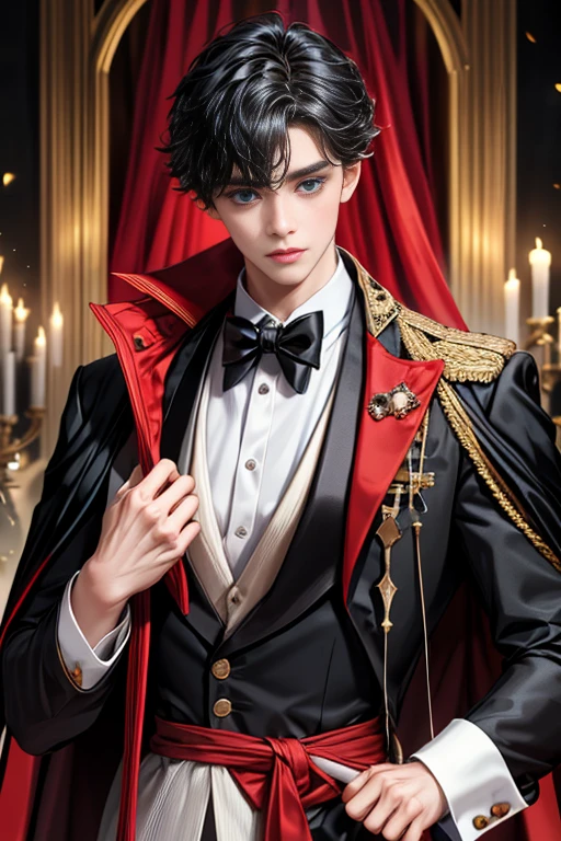 masterpiece, 最high quality, high quality, 1 boy, alone, Male focus, Upper Body,Watching the audience, Messy black hair, Adorable big blue eyes, White, Noble, Noble,A black and red cape that is bursting with sexy volume、Tuxedo、A very voluminous, large, very large, very large, long, long red and black cape with a high stand-up collar, made of a lot of fabric that reaches down to the floor., ,cute beautiful,Cute, cute, kind, handsome guy