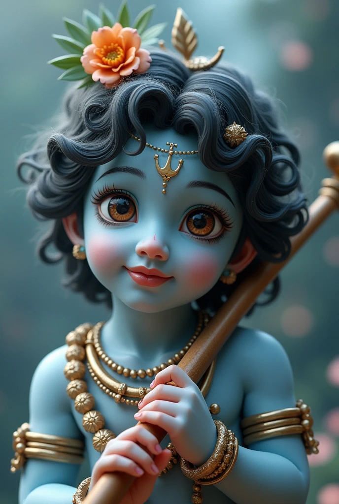 Adult Lord krishna with beautiful brown eyes and cute smile and dimples cute features with grey and blue aesthetics and holding a flute for phone wallpaper realistic mystical 3D