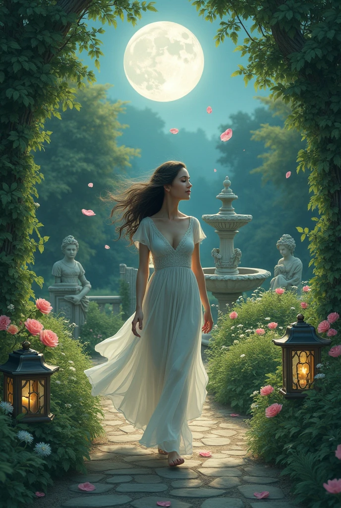 Sleepwalking woman wandering in a garden under the moonlight