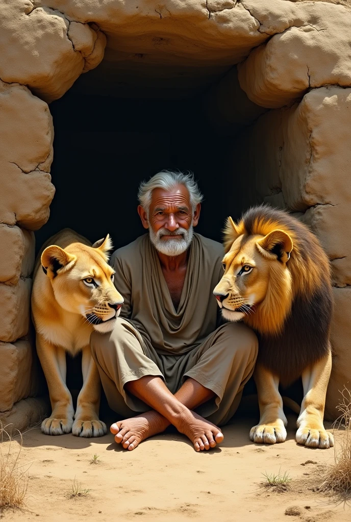 Old man living in mud and 4 lions around him