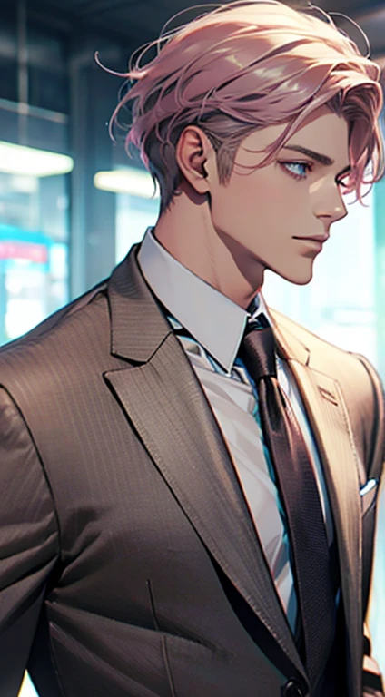 (Highest quality,4K,8K,High resolution,masterpiece:1.2),Super detailed,(Realistic,photoRealistic,photo-Realistic:1.37),1 personld,Mature Men,Beautiful skin、Profile、very handsome,Expressionless,smile,Short gray pink hair,blue eyes,Sharp Eyes,A perfect face without a doubt,Businessman,Office Background,Cinema Lighting,HDR image,tie、