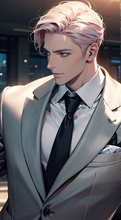 (Highest quality,4K,8K,High resolution,masterpiece:1.2),Super detailed,(Realistic,photoRealistic,photo-Realistic:1.37),1 personld,Mature Men,Beautiful skin、Profile、very handsome,Expressionless,smile,Short gray pink hair,blue eyes,Sharp Eyes,A perfect face without a doubt,Businessman,Office Background,Cinema Lighting,HDR image,tie、