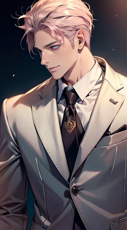 (Highest quality,4K,8K,High resolution,masterpiece:1.2),Super detailed,(Realistic,photoRealistic,photo-Realistic:1.37),1 personld,Mature Men,Beautiful skin、Profile、very handsome,Expressionless,smile,Short gray pink hair,blue eyes,Sharp Eyes,A perfect face without a doubt,Businessman,Office Background,Cinema Lighting,HDR image,tie、