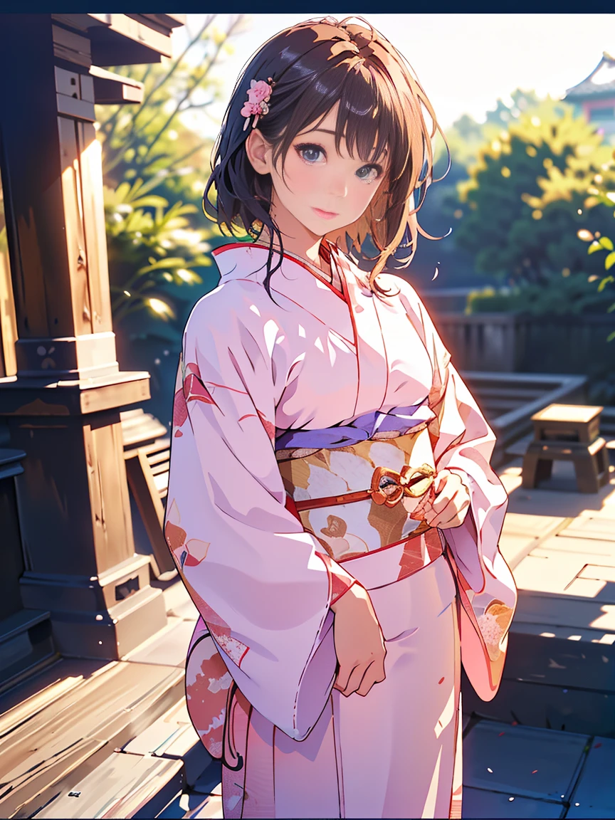 White kimono、pink Japanese pattern、(Long-sleeved kimono:1.5)、or、(Top Grade)、1 female、、Whole Body Ezbian、Black-haired、Tie your hair back、(Realistic:1.7)、((Best image quality))、Absurd、(Ultra-high resolution)、(Photoreal:1.6)、Photoreal、Octane Rendering、(超Realistic:1.2)、(Realistic face:1.2)、(8k)、(4K)、(masterpiece)、(Realistic skin texture)、(Awareness-raising、Cinema Lighting、wall-)、(Beautiful Eyes:1.2)、((((Perfect Face))))、(A cute face like an idol:1.2)、( Are standing)、shrine、The bird is ready、(January)、Cute face with attention to detail、True Beauty、Laughter、