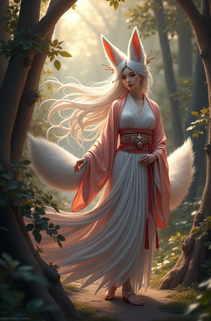 Masterpiece, Extremely detailed, best quality, photorealistic, magnificent, celestial, ethereal, epic, majestic, magical, fantasy art, cover art, dreamy, full body shot, BREAK, The Fox Godess, Beautiful, Clouds, Fox Tail, Traditional Japanese clothes, Forest,( bokeh )