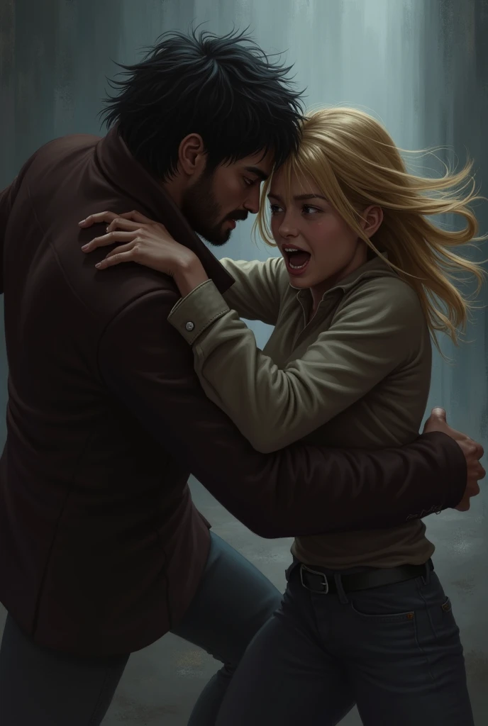 A girl with beautiful blond hair who is trying to escape. Next to her stands a man with black flaffy hair who doesn&#39;t want her to run away and holds her wrist very tightly.. The girl is trying to get away. 