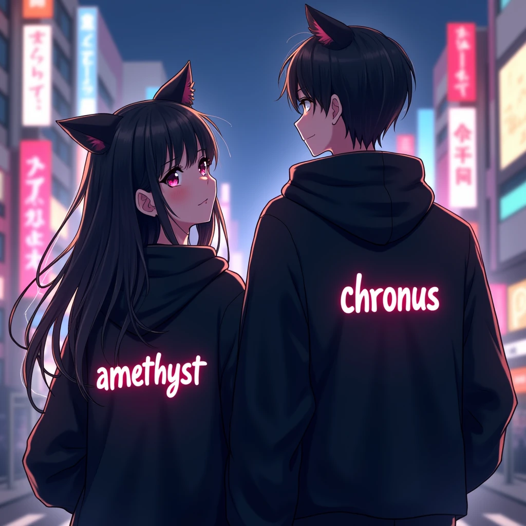 couple anime wearing black hoodie,
with cat ears, with purple text
"Amethyst" to the girl jacket and "Chronus" to the boy jacket, in japan citylights
background, and the girl is black long hair