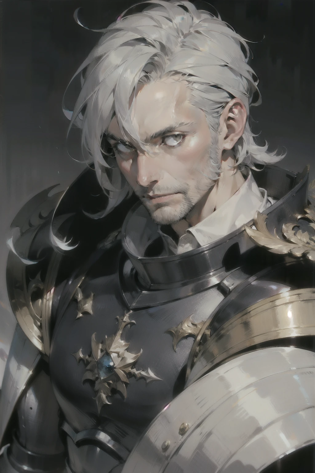 adult man, Shoulder-length gray hair, bristle, armor, shoulder length portrait