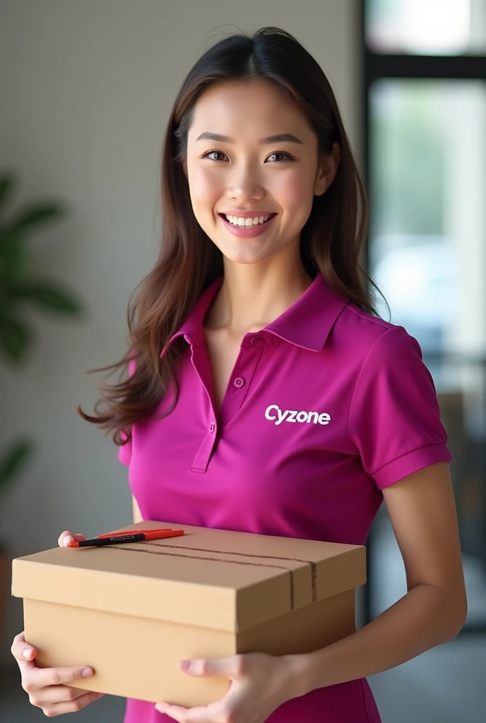 (photorealism:1.2), beautiful woman, 
CONSULTANT GIRL WITH FUCHSIA POLO SHIRT THAT SAYS CYZONE , CARRYING A BOX, DRAWING


