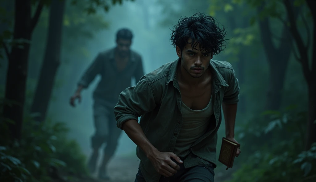 Hutan - night (On the Run)
Or:
- Appearance: Looks panicked and tired while running. His face was filled with expressions of fear and joy at escaping..
- Appearance Umum:
- Age: About 20 years.
- Hair: black, short, and a little messy.
- Leather: mature tan.
- Face: time, with an expression full of curiosity, emergency, and finally relief. There may be some traces of dirt or sweat from when he ran..
- Posture: Slim but muscular, demonstrate physical and mental resilience.
- Clothing:
- Forest (night): The jacket looks dirtier, trousers full of dust and twigs. Hair may appear messier. Flashlight in hand, The small Quran may appear a little wrinkled.
2. Makhluk Gaib
- Appearance Umum:
- Shape: Not in human form, more like a big black shadow with glowing red eyes.
- Face: Not clearly visible, just a dark shadow that has scary glowing red eyes.
- Feature: The shadow appears to be moving and unstable., giving a supernatural and threatening impression.
- Clothing:
- No clothes, only appears as a dark force. Shadows have changing shapes and are shapeless..
(Character Action :
- Or: Run fast, looks panicked and exhausted, messy hair and clothes.)
After the creature disappeared, Or segera berlari menuruni bukit, leave *Silent Tomb* Behind. Since that night, Or tidak pernah berani mendekati tempat itu lagi, and he always remembered the old grandfather's message.
