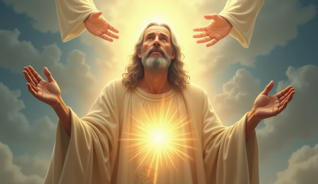 Create a high definition image of the Saint of the Sick performing the healing. He must be surrounded by an aura of heavenly light, with a serene and compassionate expression on his face. God extends His hands to the sick, emitting a healing energy that surrounds them. Your eyes should reflect wisdom and infinite love. The garment should have a soft shine, with refined details and delicate textures, reflecting the divine light. The background should be a gradient of soft tones, like blue and gold, creating an atmosphere of peace and divinity. The image must be rich in details, with exceptional clarity and superior quality.
