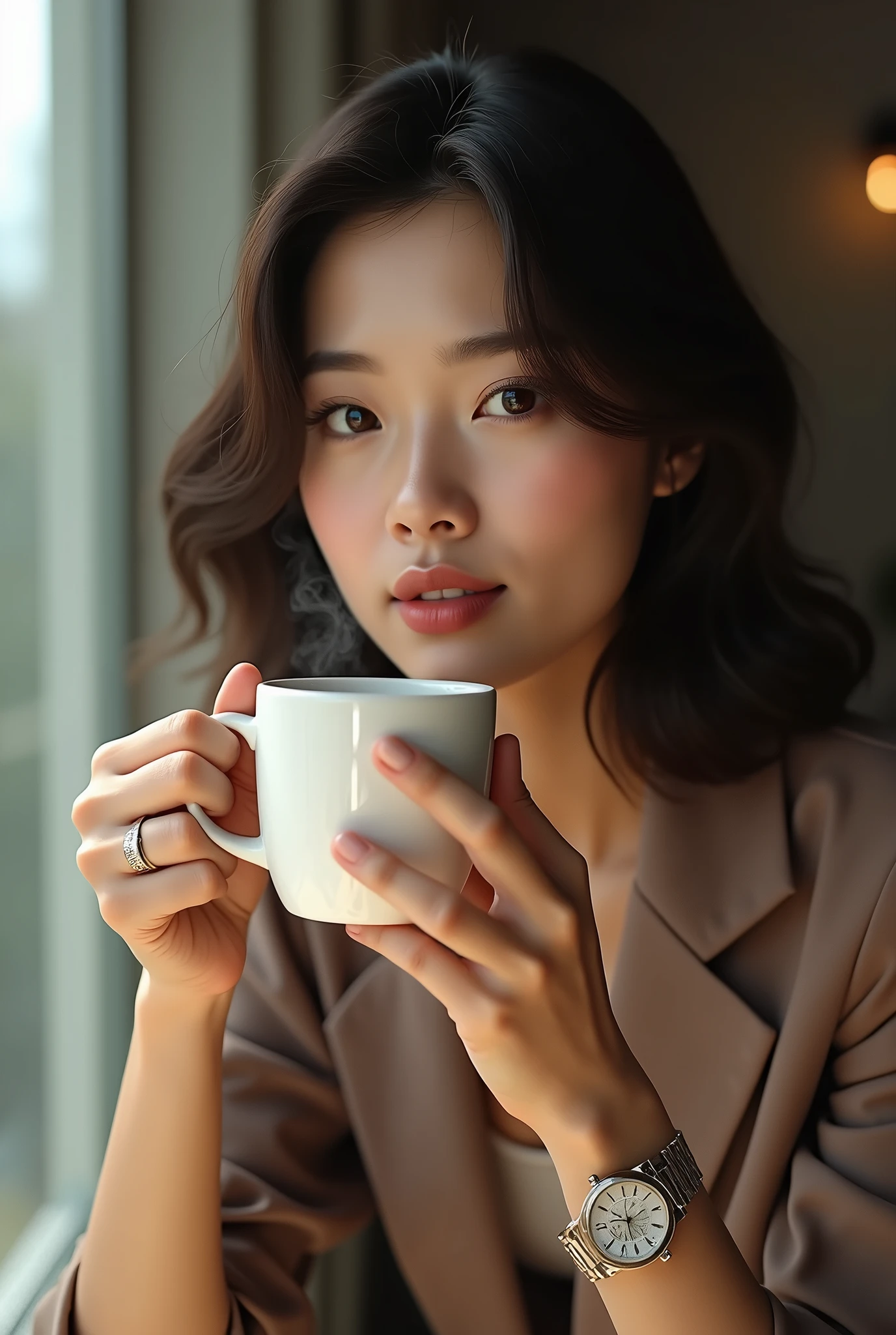 (8k, best quality, masterpiece:1,2), (realistic, photo-realistic:1,37), top quality, masterpiece, a beautiful woman, want to drink coffee, a coffee cup, elegant style. Indonesian women's style, clean white skin, beautiful eyes, medium hair, wears a watch