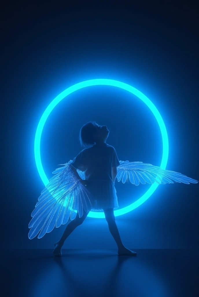 blue neon circle,  that has small wings,  and to add a photo