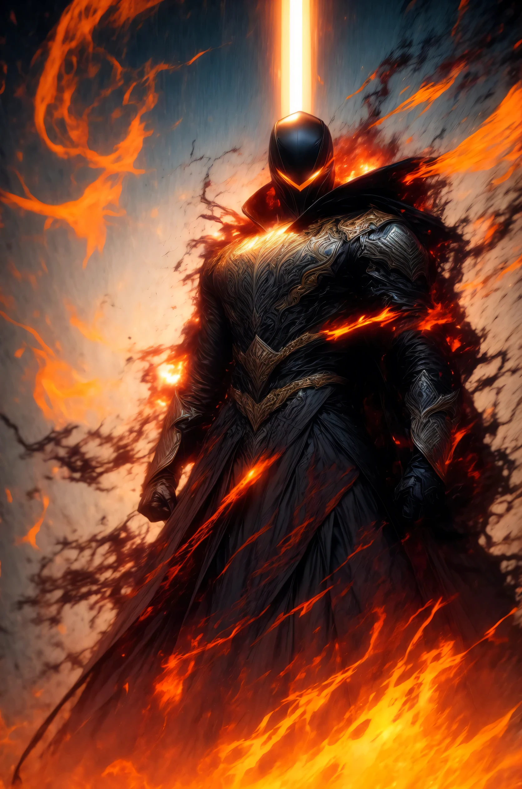 He holds a white and gold shield in his hand