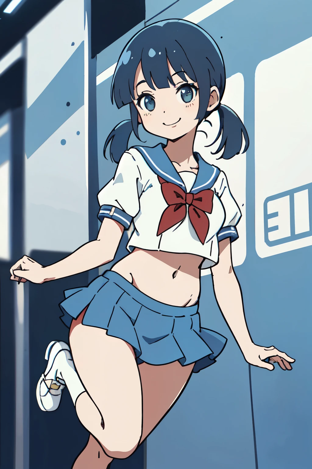 best quality, masterpiece, 1 girl, (standing on one leg:1.2), smile, (low short twintails hair with bangs:1.3), summer sailor uniform without skirt, belly button, white panty, (medium breast:1.1), (metro station:1.2), lively, bustling, cyber