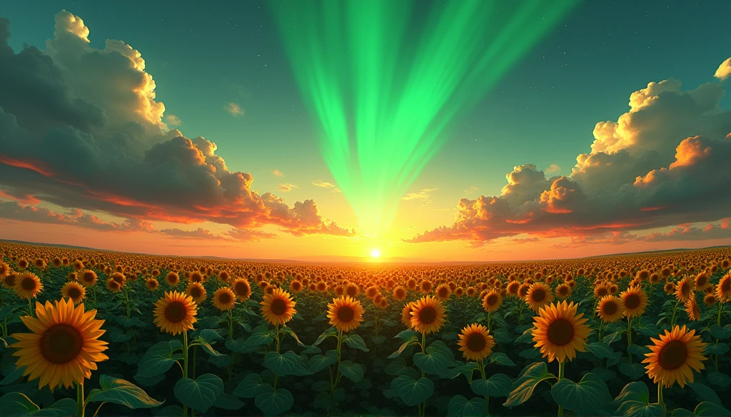 ((Midsummer Dusk)),sunflowers fields、twlight，Green Flash，landscapes，(Best Impact:1.5), (maximalism:1.7),Vivid contrast, (Realistic), hyperrealistic illustrations, hight resolution, ultra-detailliert, absurderes,(Fractal Art:1.3)，Retro、Precise focus、cinema4d、Drama