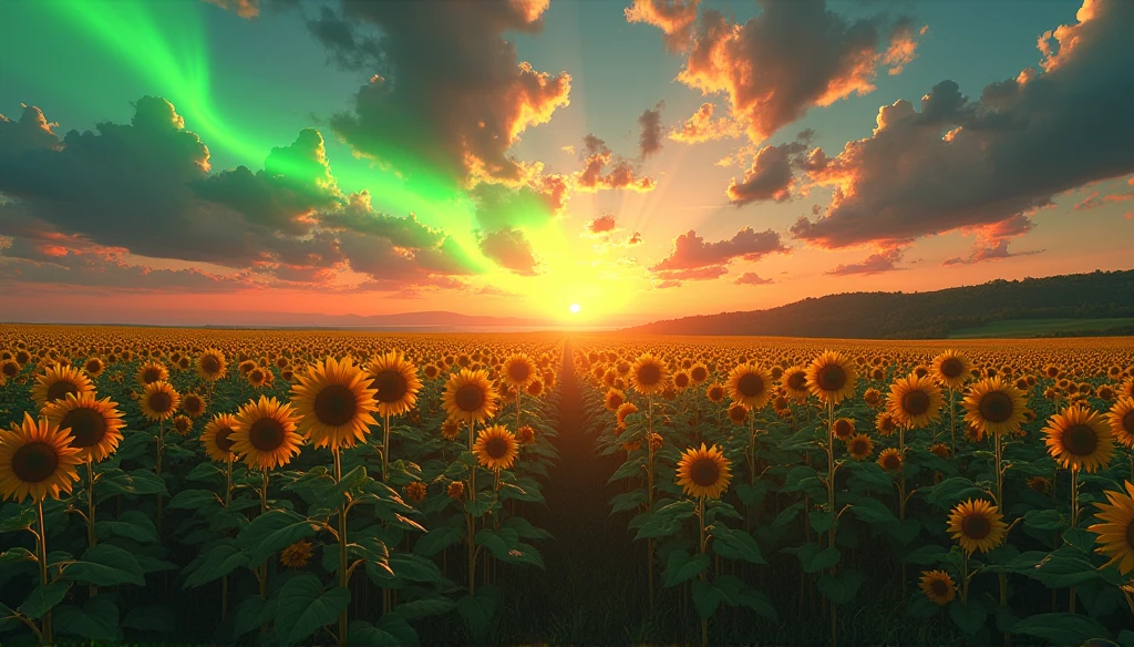 ((Midsummer Dusk)),sunflowers fields、twlight,Green Flash,landscapes,(Best Impact:1.5), (maximalism:1.7),Vivid contrast, (Realistic), hyperrealistic illustrations, hight resolution, ultra-detailliert, absurderes,(Fractal Art:1.3),Retro、Precise focus、cinema4d、Drama