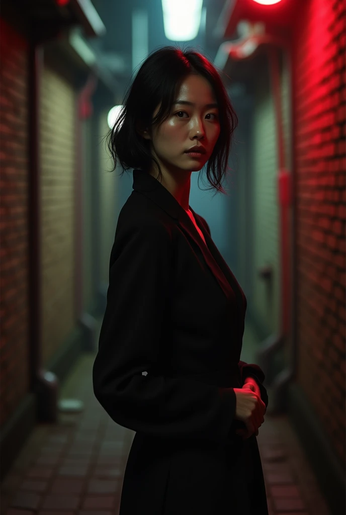 Beautiful Japanese mature woman、 analog film photo, (Create a realistic and photorealistic photo image)、whole body、A dark place in the back alley、Under the faint red light、Are standing、blur, tint, depth,