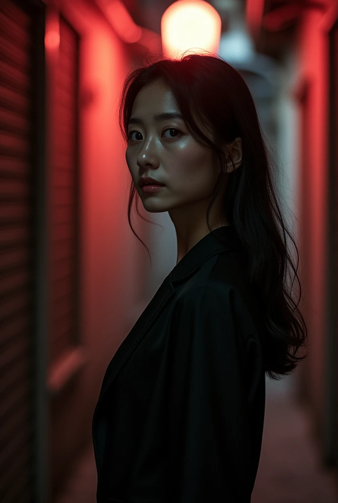 Beautiful Japanese mature woman、 analog film photo, (Create a realistic and photorealistic photo image)、whole body、A dark place in the back alley、Under the faint red light、Are standing、blur, tint, depth,