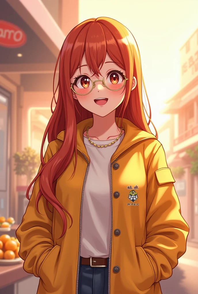 Make an image inspired by anime art. What characterizes my gold aviator glasses?, my long, straight, copper-colored hair and being dressed like a Food Engineer. Use bright colors, pastel tones type. I am 20 years old, I am white and without freckles. I am a little overweight but not too much.