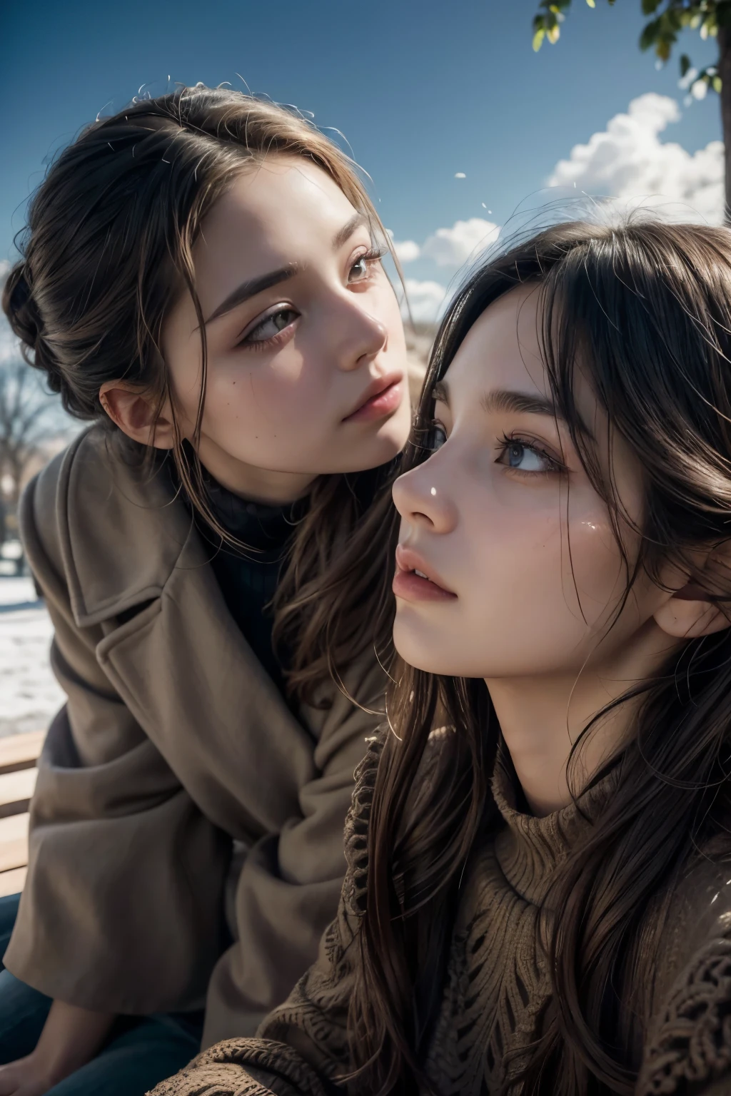 a side view of two people sitting on a bench, looking up at the sky, detailed facial features, beautiful detailed eyes, beautiful detailed lips, extremely detailed eyes and face, long eyelashes, intricate clothing folds, soft lighting, warm color palette, cinematic composition, photorealistic, 8k, high quality, masterpiece