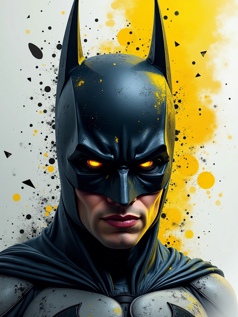 A captivating and vibrant illustration of an abstract batman face, predominantly focusing on the mesmerizing suit . The face appears fragmented, with shards of glass or paper overlapping it, creating a sense of chaos. Suit are intricately detailed, . The striking suit contrast with the predominantly dark and monotone background, which consists of grays, whites, and splashes of black and yellow. This cinematic piece exudes a dark fantasy vibe, drawing viewers in with its chaotic beauty., dark fantasy, illustration, cinematic, vibrant