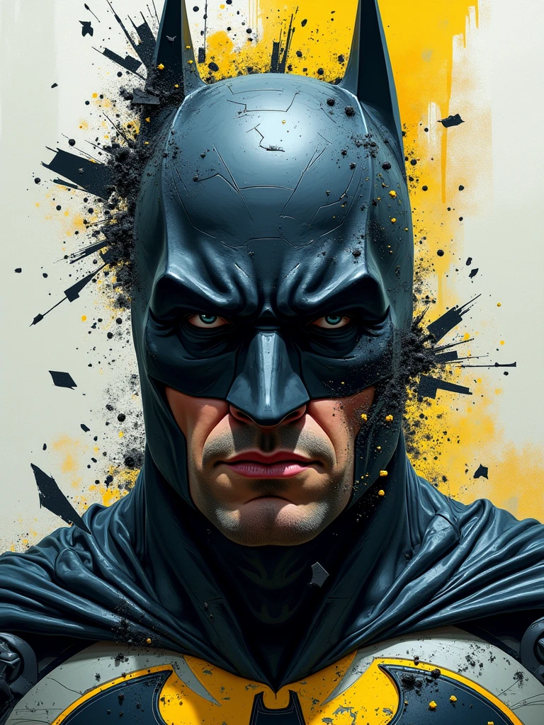 A captivating and vibrant illustration of an abstract batman face, predominantly focusing on the mesmerizing suit . The face appears fragmented, with shards of glass or paper overlapping it, creating a sense of chaos. Suit are intricately detailed, . The striking suit contrast with the predominantly dark and monotone background, which consists of grays, whites, and splashes of black and yellow. This cinematic piece exudes a dark fantasy vibe, drawing viewers in with its chaotic beauty., dark fantasy, illustration, cinematic, vibrant