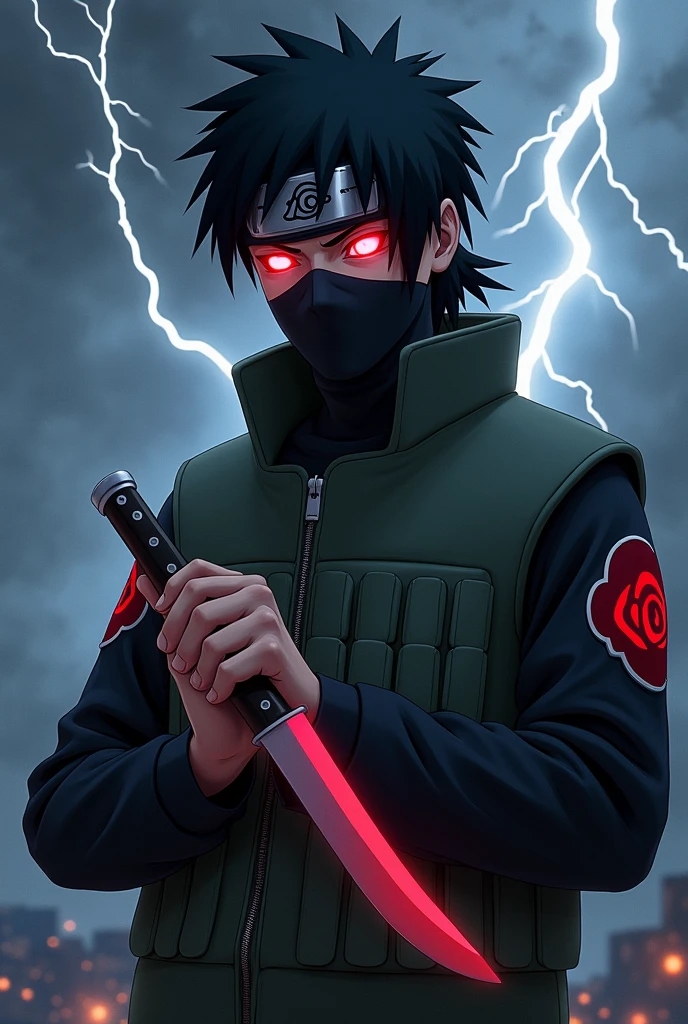 Hatake Kakashi face glowing sharingan
Kunai in hands
Lightning in background