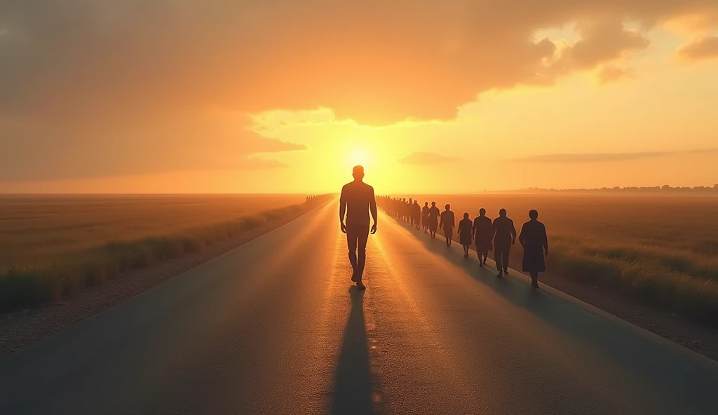 A person walking alone on a vast, empty road during sunrise, with a strong posture, symbolizing courage and independence.
growing line of diverse followers walking behind them on the same path, showing leadership and influence.
